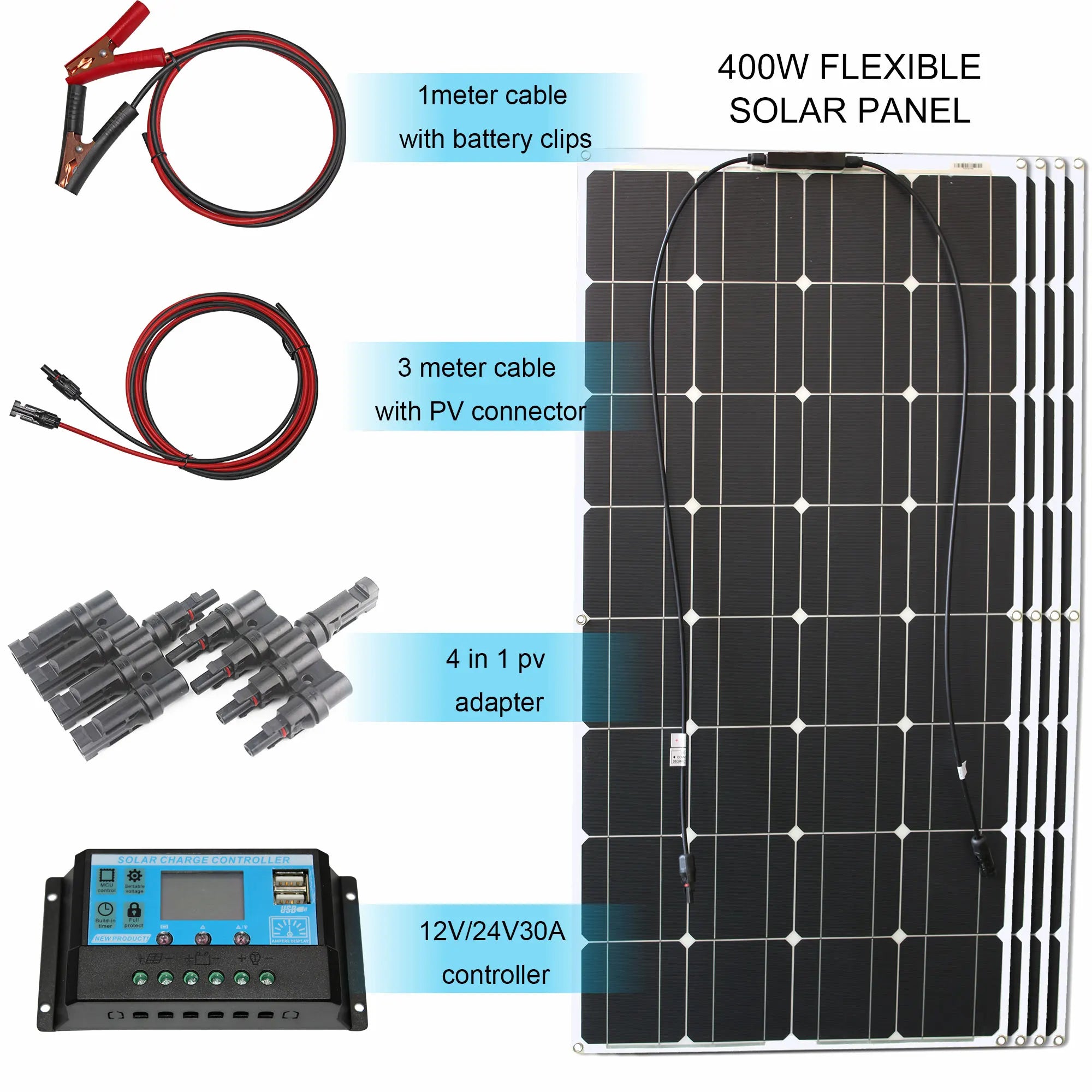 Solar Panel Kit Complete 400W 300W 200W 100W 12V Flexible Solar Power Panel for Solar Battery Charger/Power Bank/Camping/Hiking