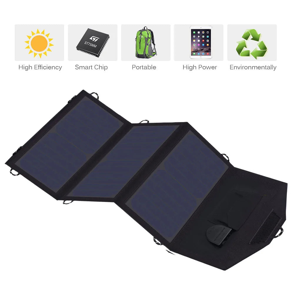 18V 21W Solar Charger Waterproof Foldable Solar Power Bank for 12V Car Battery Mobile Phone Outdoor Hiking