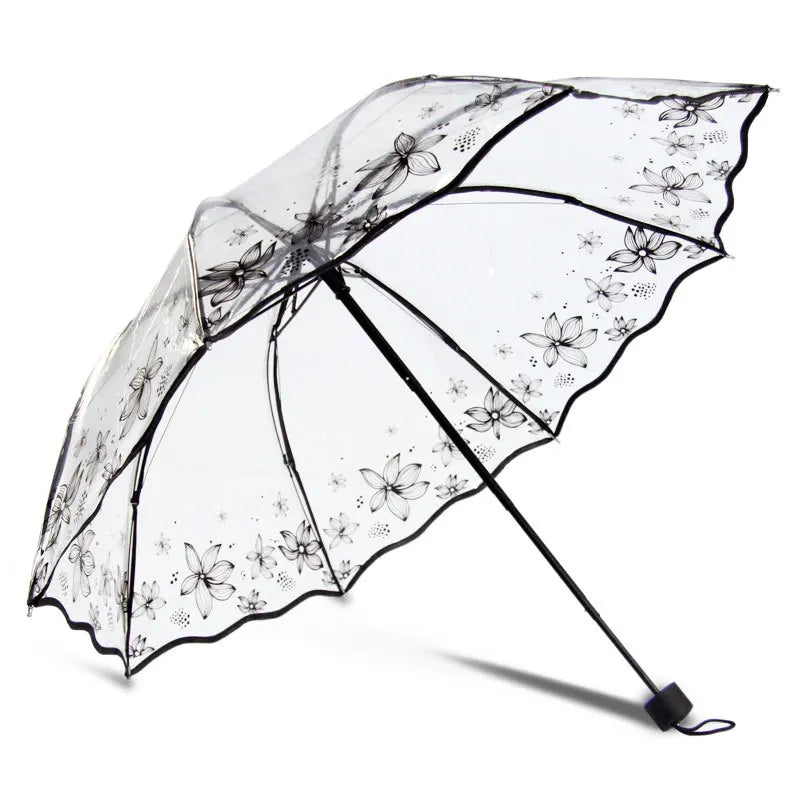 Romantic Transparent Three-Fold Umbrella – Thick PVC Clear Automatic Umbrella with Floral Print