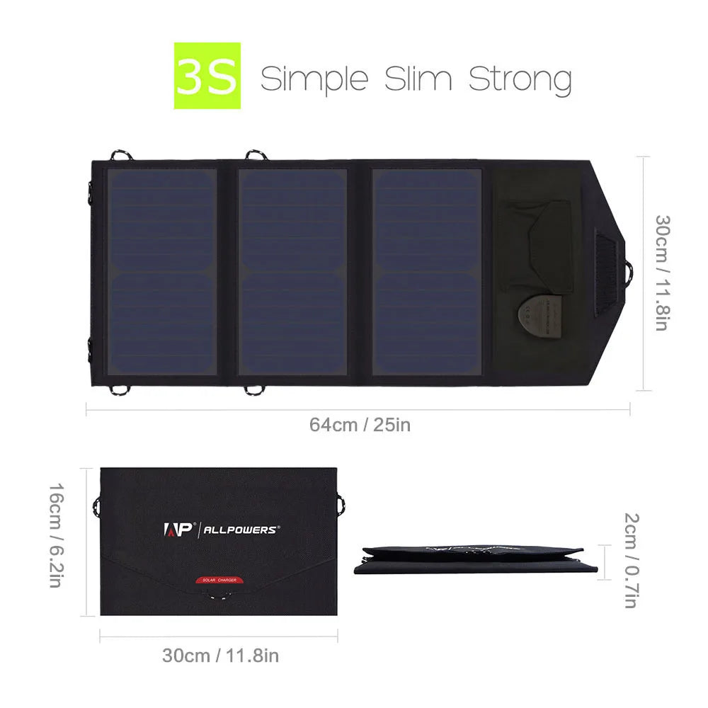 18V 21W Solar Charger Waterproof Foldable Solar Power Bank for 12V Car Battery Mobile Phone Outdoor Hiking