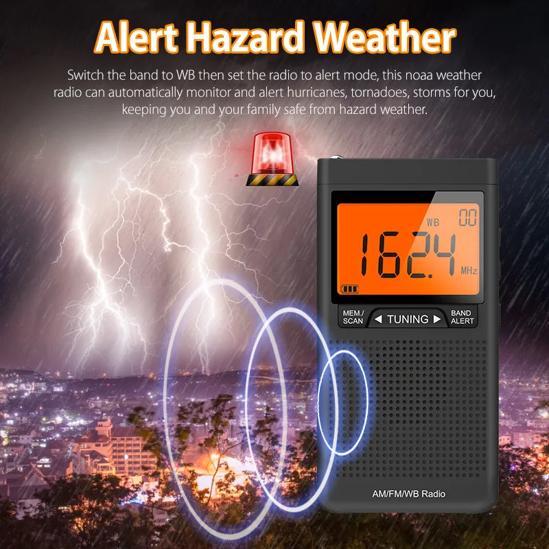 FM AM NOAA Emergency Pocket Radio - Portable Weather Radio with Weather Warning, Alarm Clock, and Auto-Search Channels