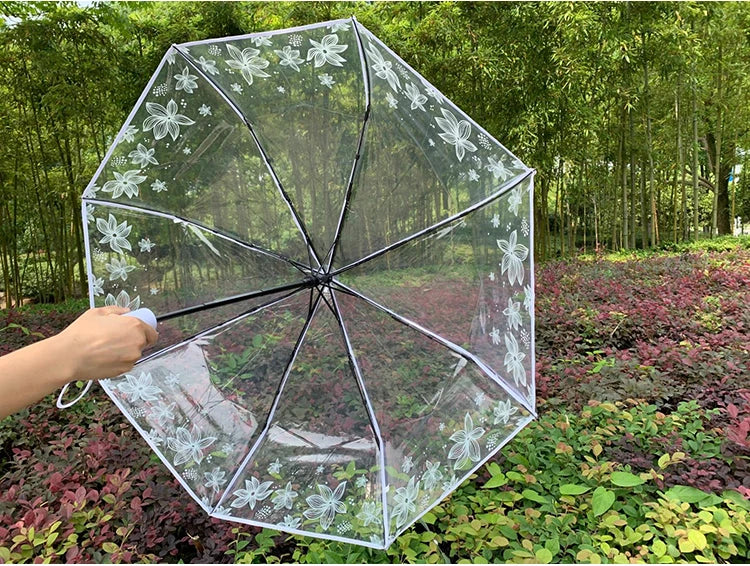 Romantic Transparent Three-Fold Umbrella – Thick PVC Clear Automatic Umbrella with Floral Print