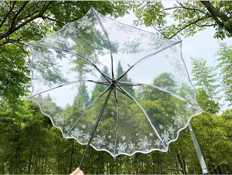 Romantic Transparent Three-Fold Umbrella – Thick PVC Clear Automatic Umbrella with Floral Print