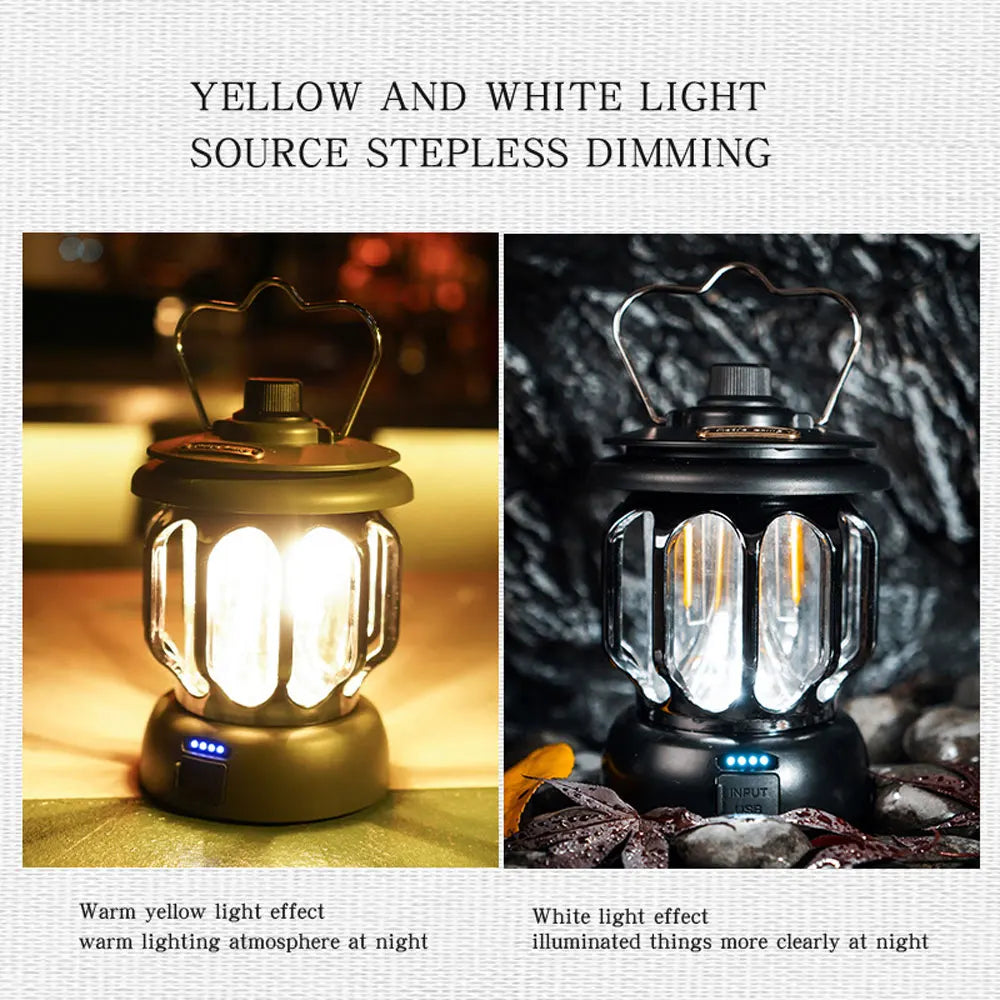 Retro Portable Camping Lantern - Rechargeable Dimmable LED Hanging Lamp