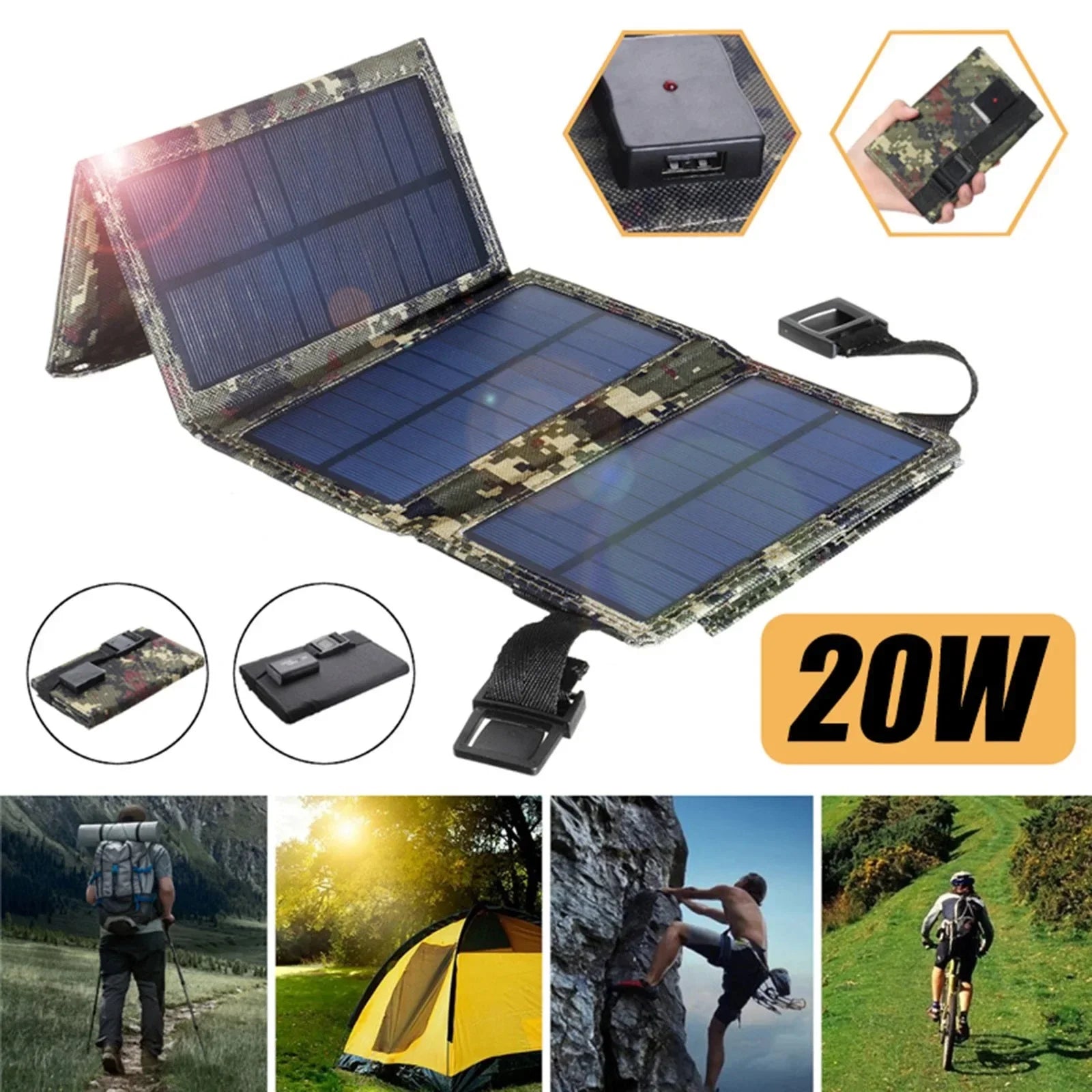 20W 5V Foldable USB Solar Panel Battery Charger for Camping and Hiking