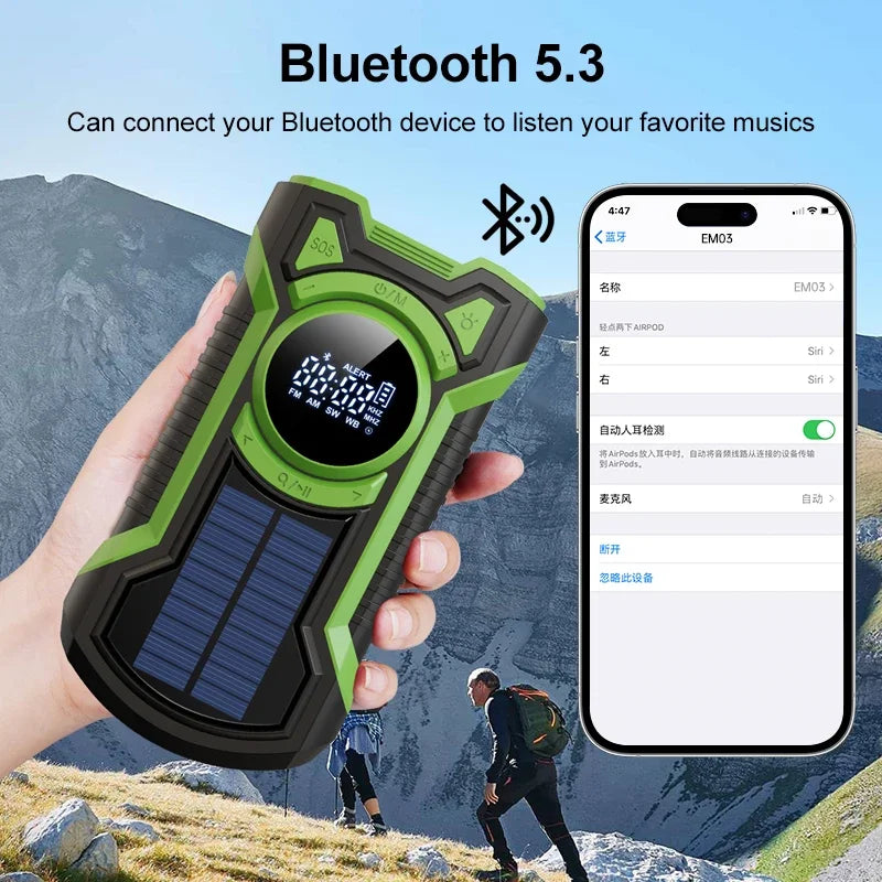 8000mAh Hand Crank Solar Power Radio - Portable AM/FM/NOAA Weather Radio with LED Flashlight and Bluetooth 5.0 Speaker