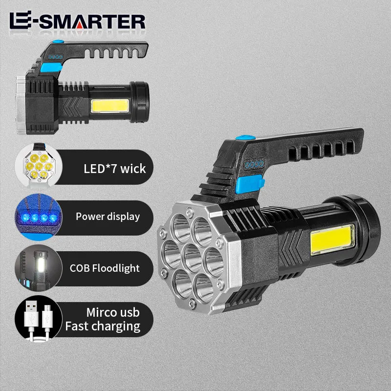 High Power LED Camping Torch - Rechargeable Hand Lantern with 7 Lamp Beads and COB Side Light