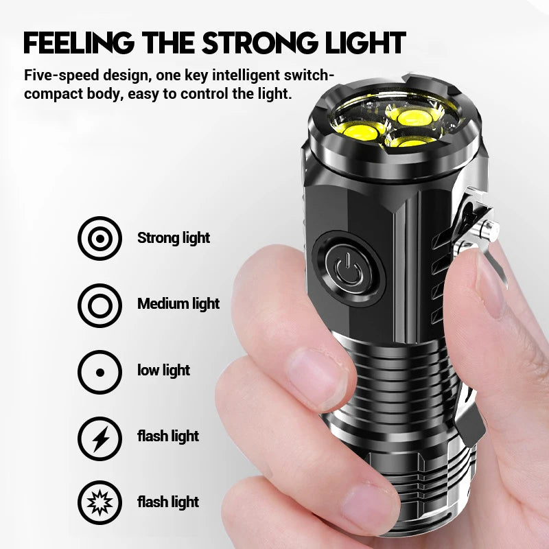 Portable Mini 3LED Flashlight with Pen Clip, Magnetic Tail, and USB Charging - Ideal for Outdoor Emergencies