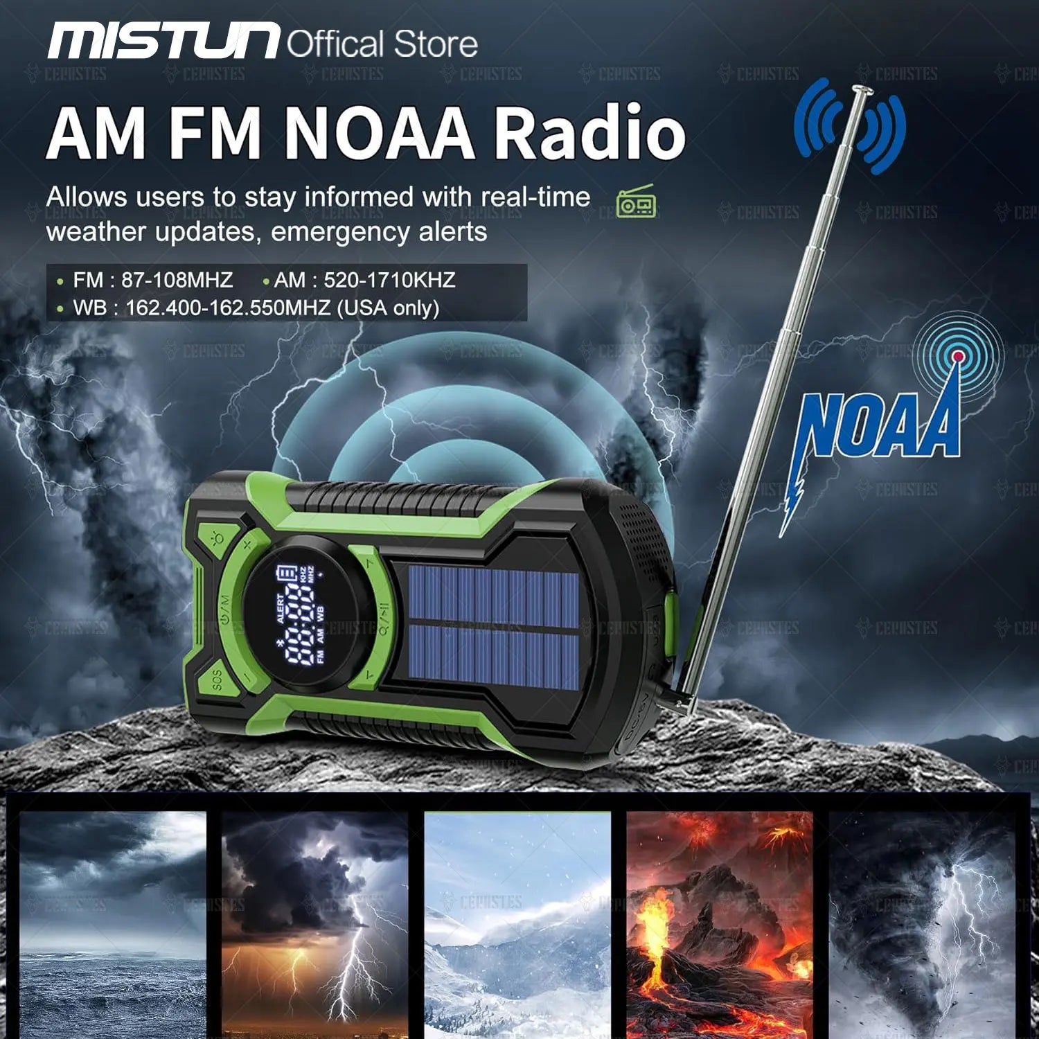 Emergency Waterproof Bluetooth Weather Radio with AM/FM/NOAA, USB Hand Crank Solar Charging, Flashlight, and SOS Alarm