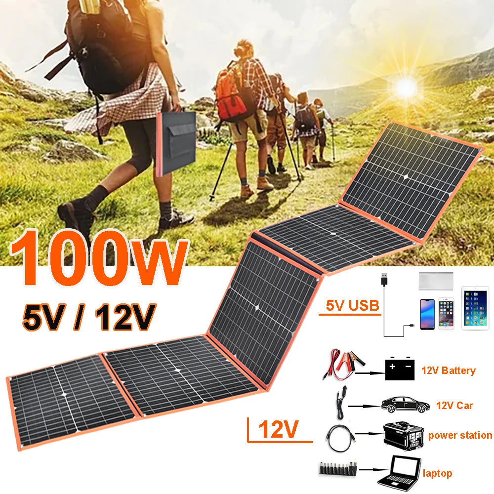 100W Foldable Solar Panel Portable Solar Charger for 12V Battery Power Station, USB Mobile Phone Power Bank, Laptop, Camper, Hiking