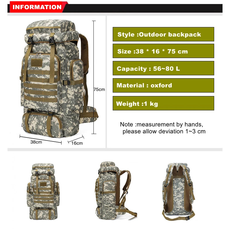 80L 900D Oxford Backpack - Large Waterproof Military Tactical Bag for Outdoor Sports