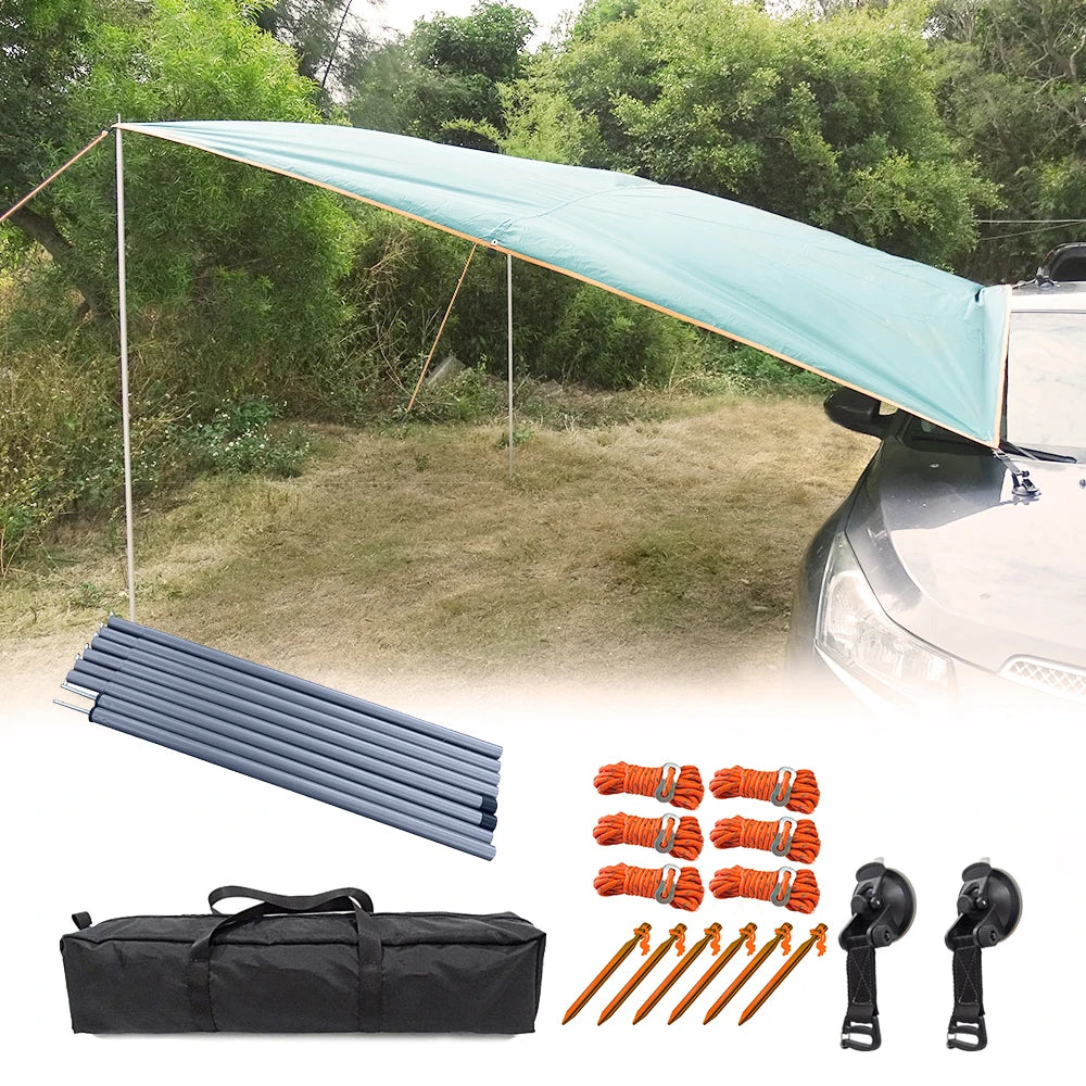 3x4m Car Side Awning: Waterproof Canopy Shade and Sun Shelter with Pole, Rope, Peg, and Suction Cup Anchor