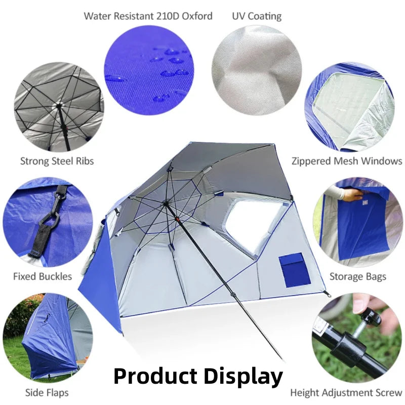 Portable Folding Beach Umbrella Tent – 2.4M Sun and Rain Canopy for Fishing, Camping, Park, and Beach