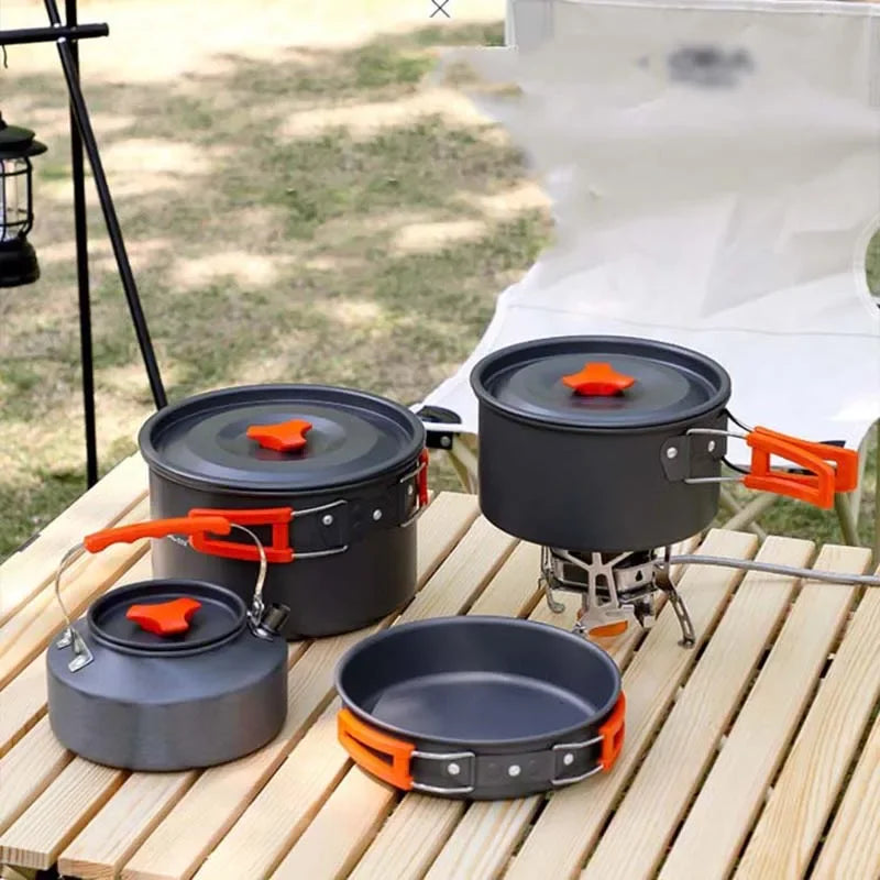 Camping Cookware Set | Portable Aluminum Outdoor Tableware Cookset | Cooking Kit with Pan, Bowl, Kettle, and Pot for Hiking, BBQ, and Picnic