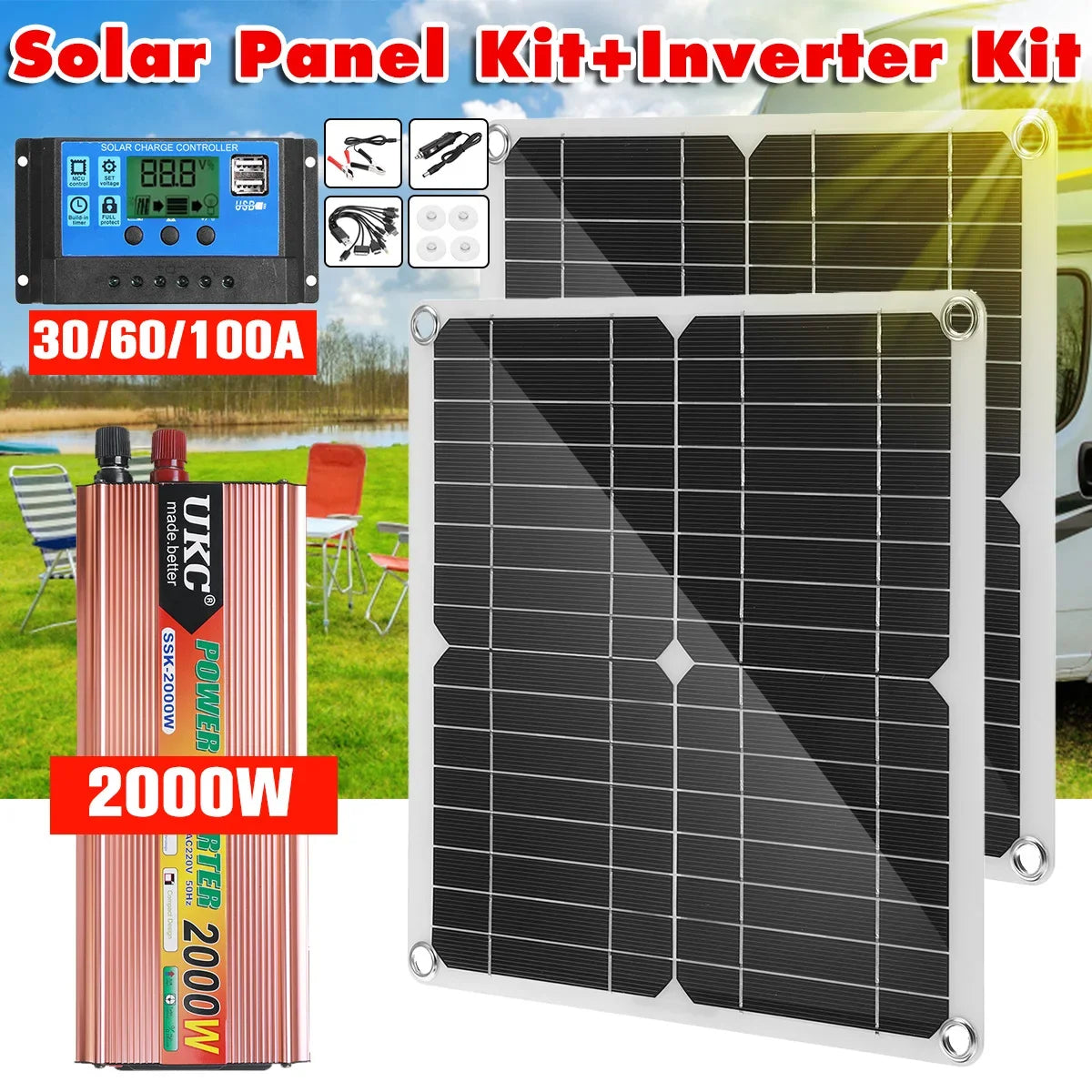 2000W Solar Panel Kit with Power Converter for RV, Boat, Cabin, Home, Camping