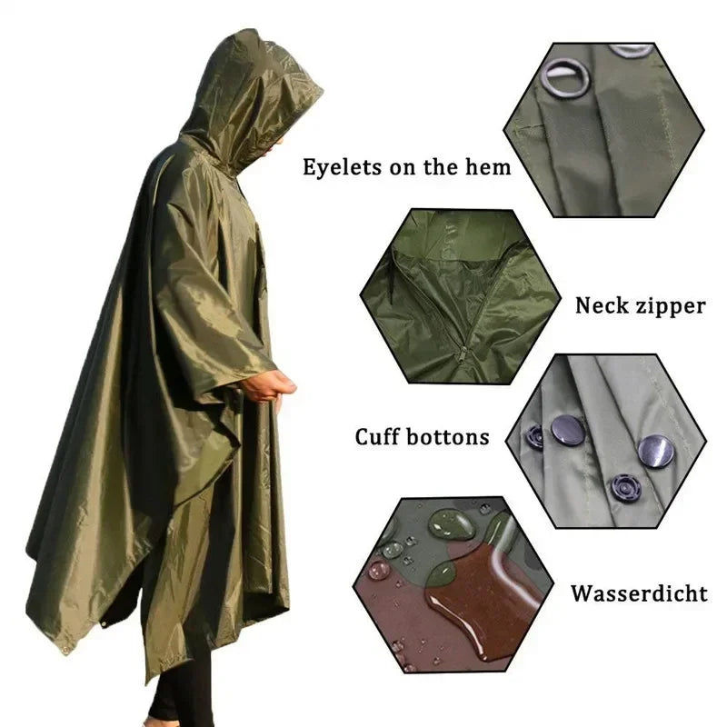 3-in-1 Military-Style Waterproof Raincoat for Men and Women - Poncho, Awning, Picnic Mat