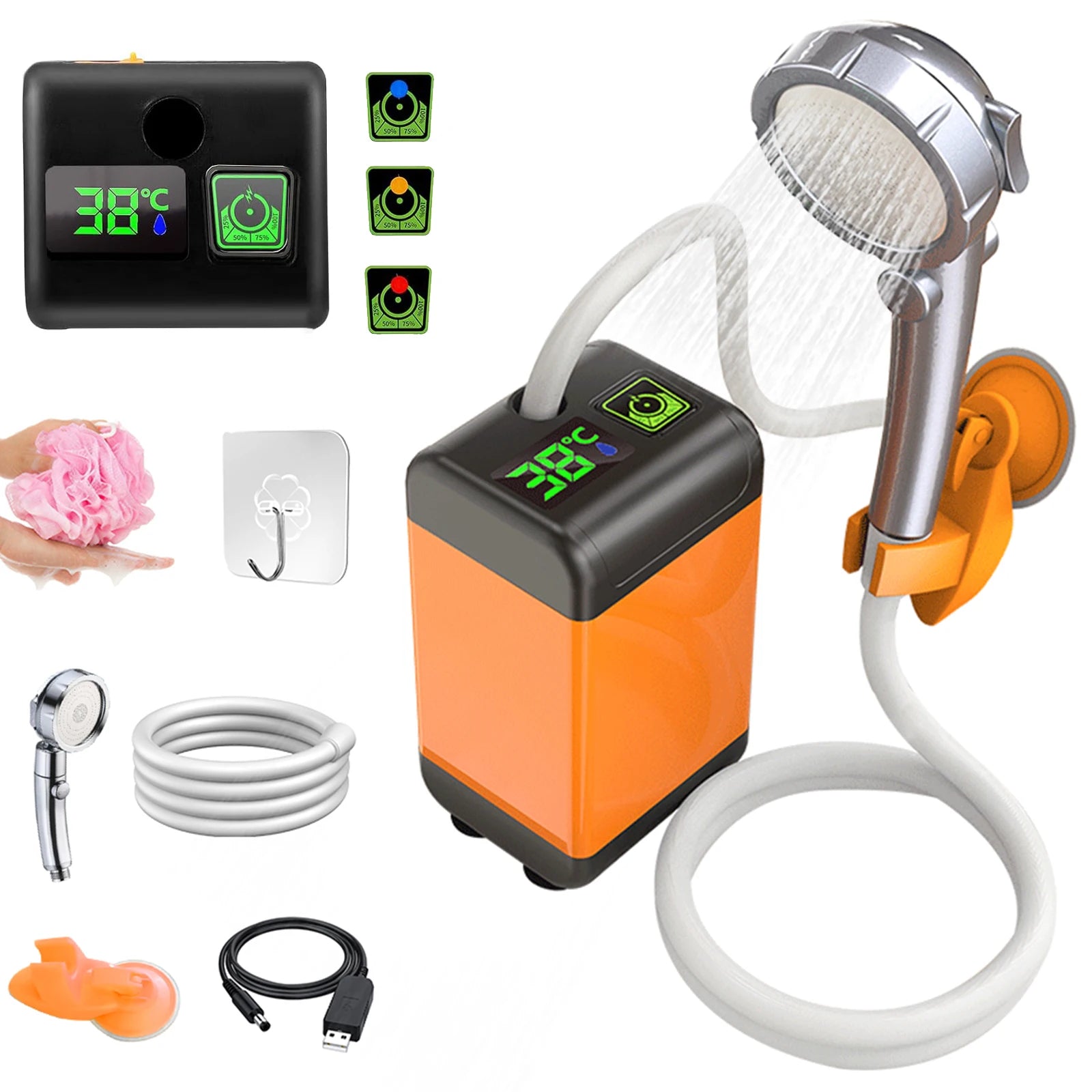 Portable Electric Camping Shower Pump - IPX7 Waterproof with Digital Display and Sucker for Camping, Beach, Dormitory