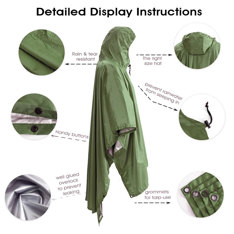 Portable 3-in-1 Multifunctional Raincoat Poncho Mat - Durable Rain Gear for Hiking and Camping