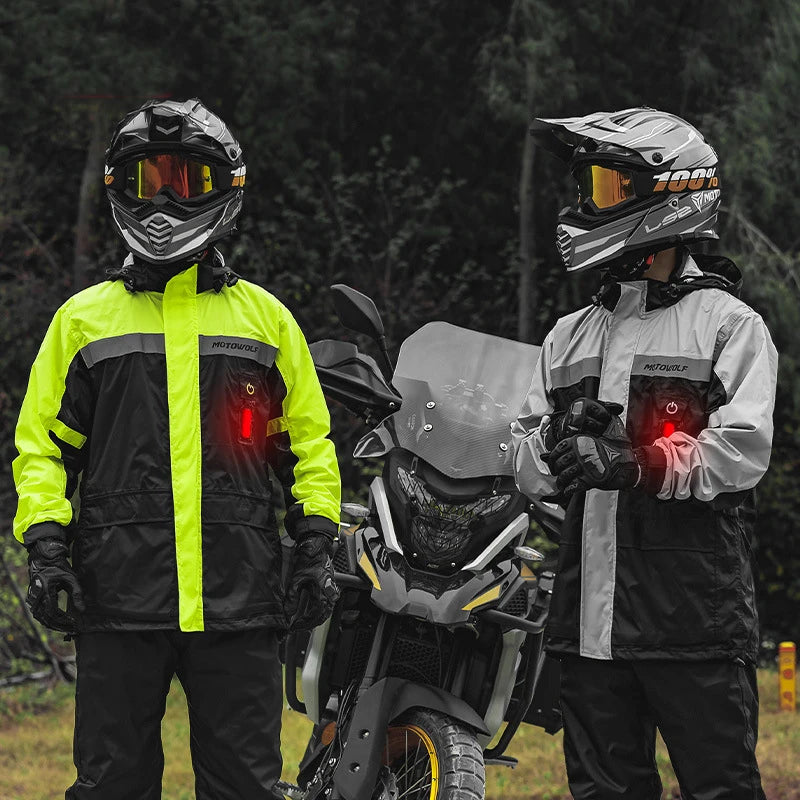 Waterproof Motorcycle Rain Jacket and Pants with LED Alert - Reflective Impermeable Suit for Outdoor Riding