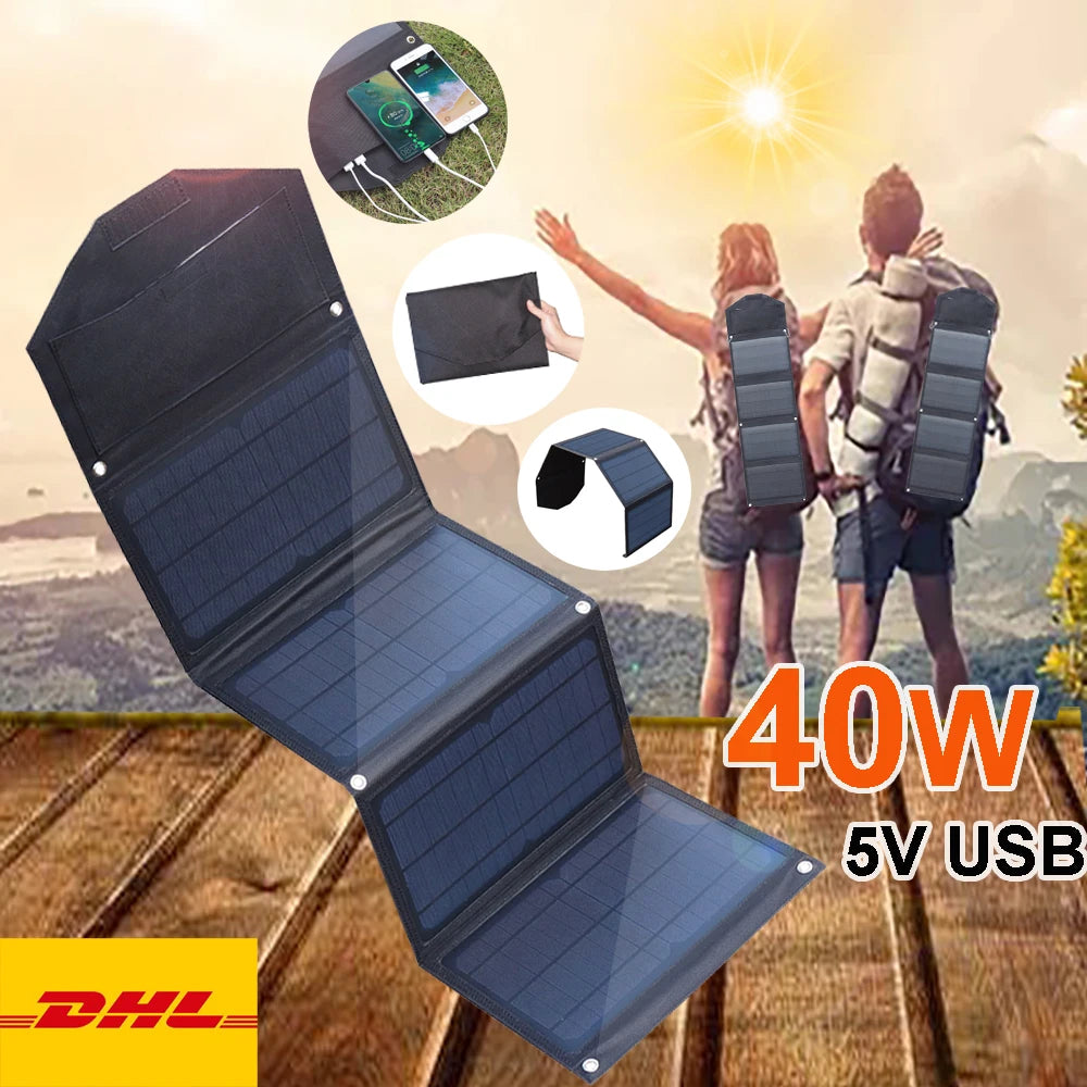 40W Foldable Solar Panel 5V USB Portable Solar Mobile Phone Charger Power Bank for Camping Hiking Backpack Outdoor