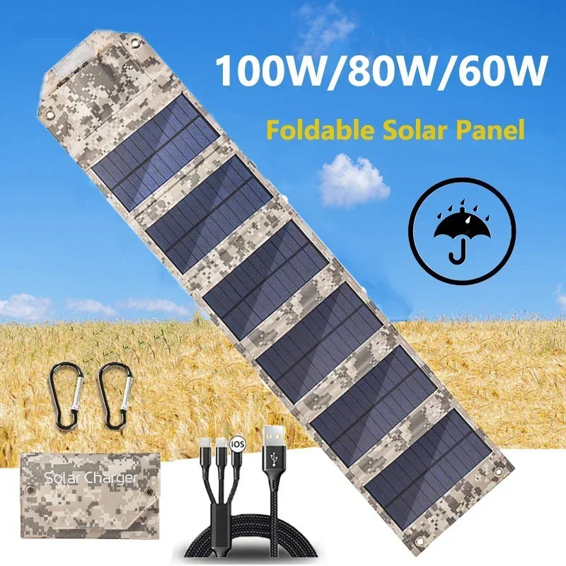 100W Foldable Solar Panel USB 5V Solar Charger - Portable Solar Cell for Outdoor Phone Power Bank, Camping, Hiking