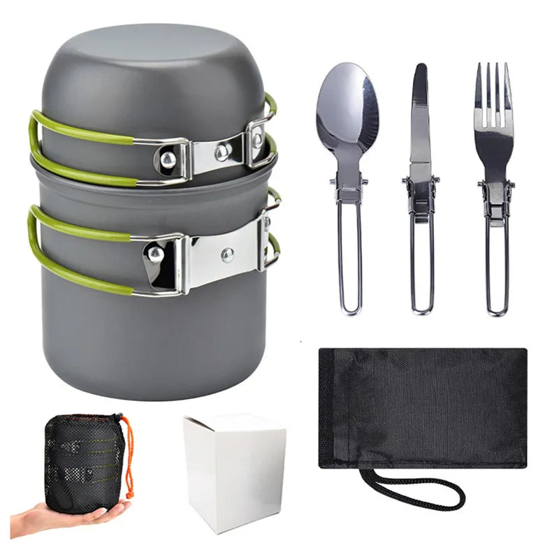 Nature Hike Portable Camping Cookware Set with Mini Gas Stove: Complete Picnic Cooking Kit