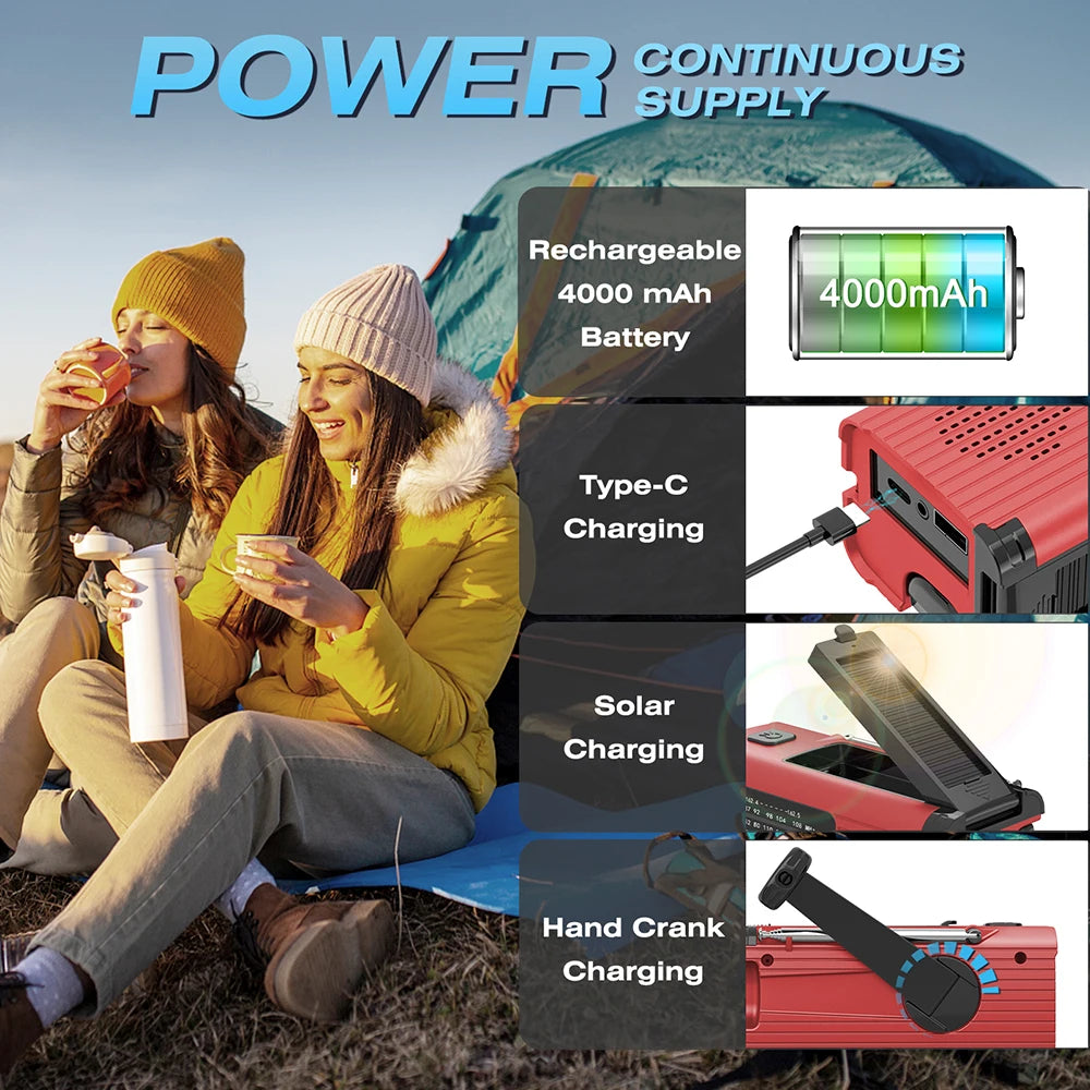 Rechargeable Emergency Light with Radio Function - Solar Charging, Flash LED, Strong Flashlight for Outdoor Emergencies