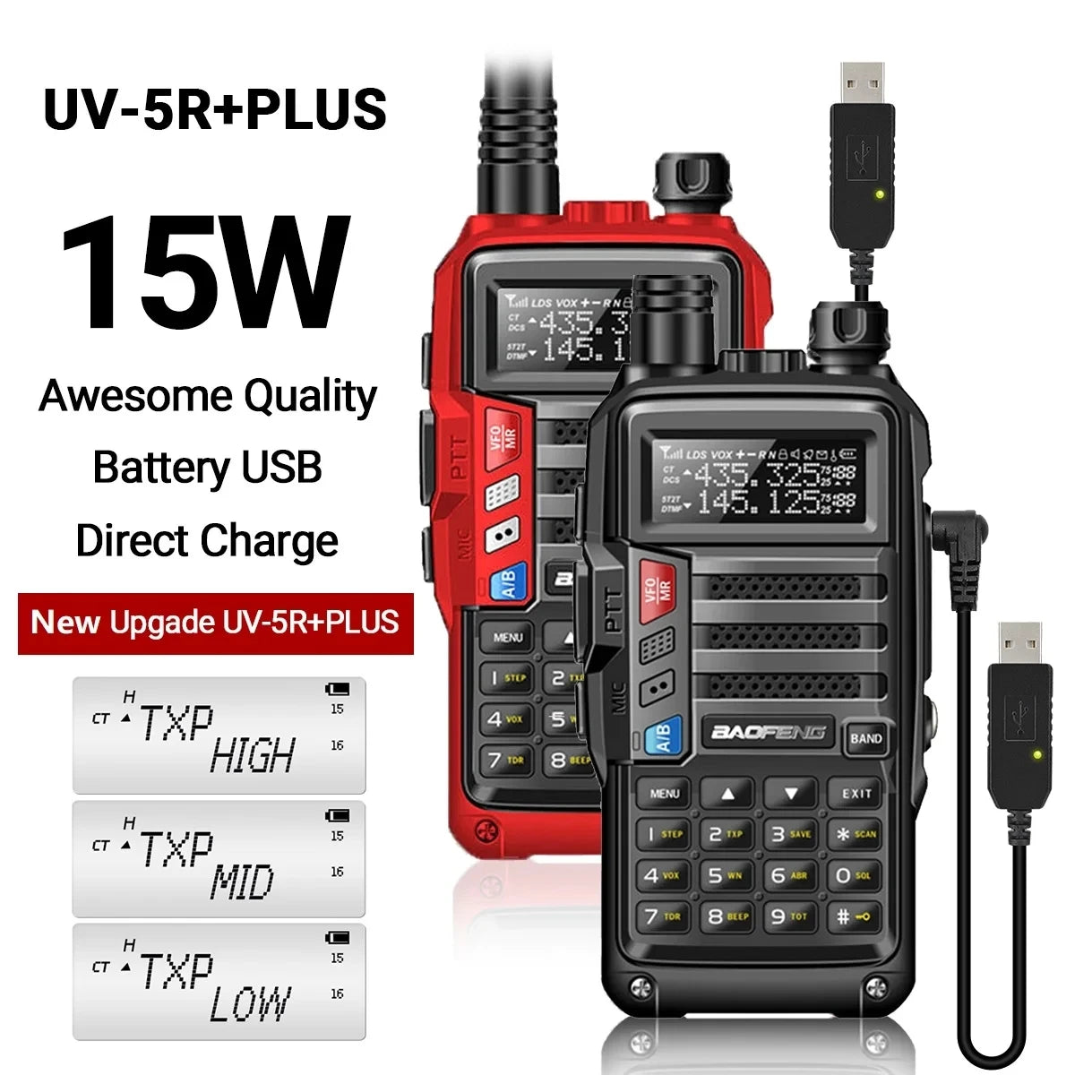 15W UV-5R Plus UHF/VHF Tri-Power Walkie Talkie