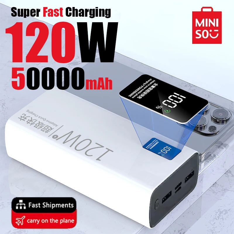 Miniso 120W Super Fast Charging 50000mAh Power Bank - High Capacity Portable Power Supply for Various Mobile Phones