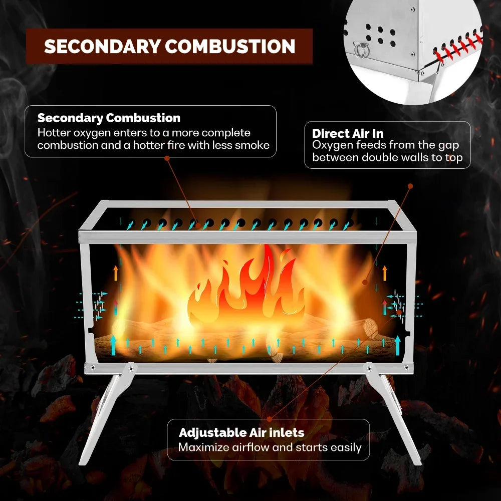 Secondary Combustion Portable Outdoor Stove with Chimney | Fastfold Lightweight Compact Durable Folding Wood Burning Stove for Camping