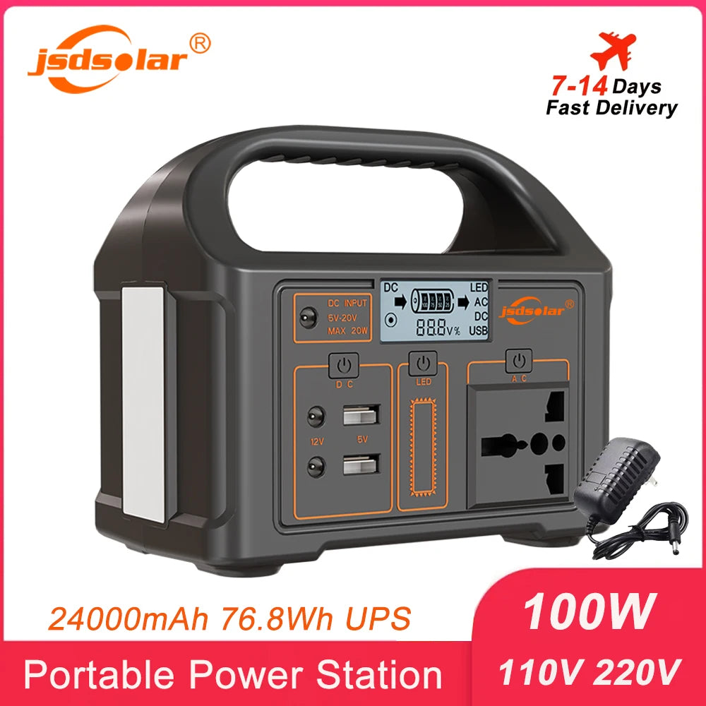 100W Portable Power Station 220V/110V Solar Generator - 24000mAh LiFePO4 Emergency Mobile Power Bank for Camping