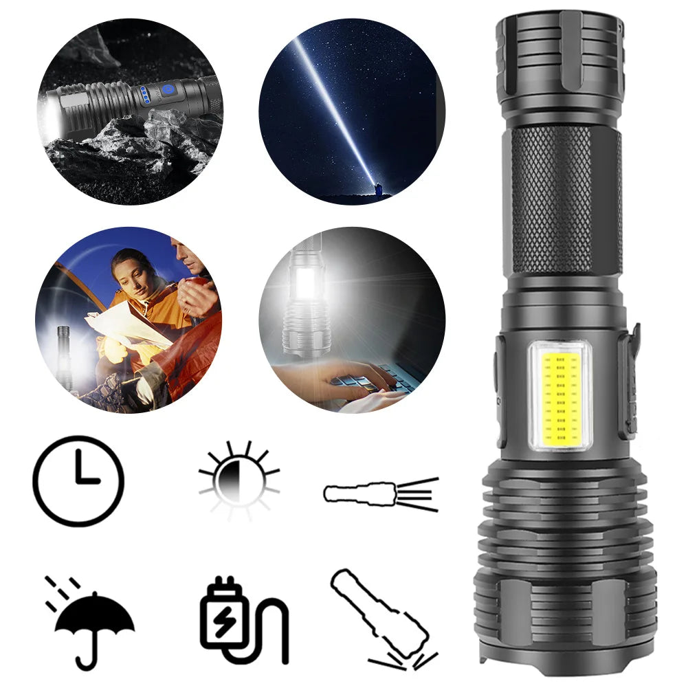 Powerful Zoomable LED Flashlight with Side Light, 5 Gears, IPX4 Waterproof