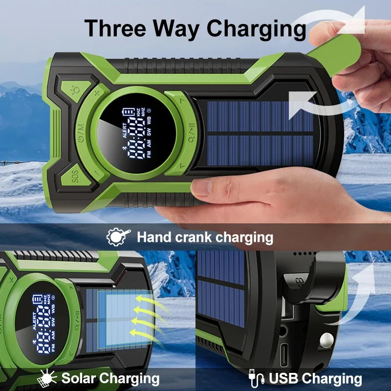 8000mAh Hand Crank Solar Power Radio - Portable AM/FM/NOAA Weather Radio with LED Flashlight and Bluetooth 5.0 Speaker