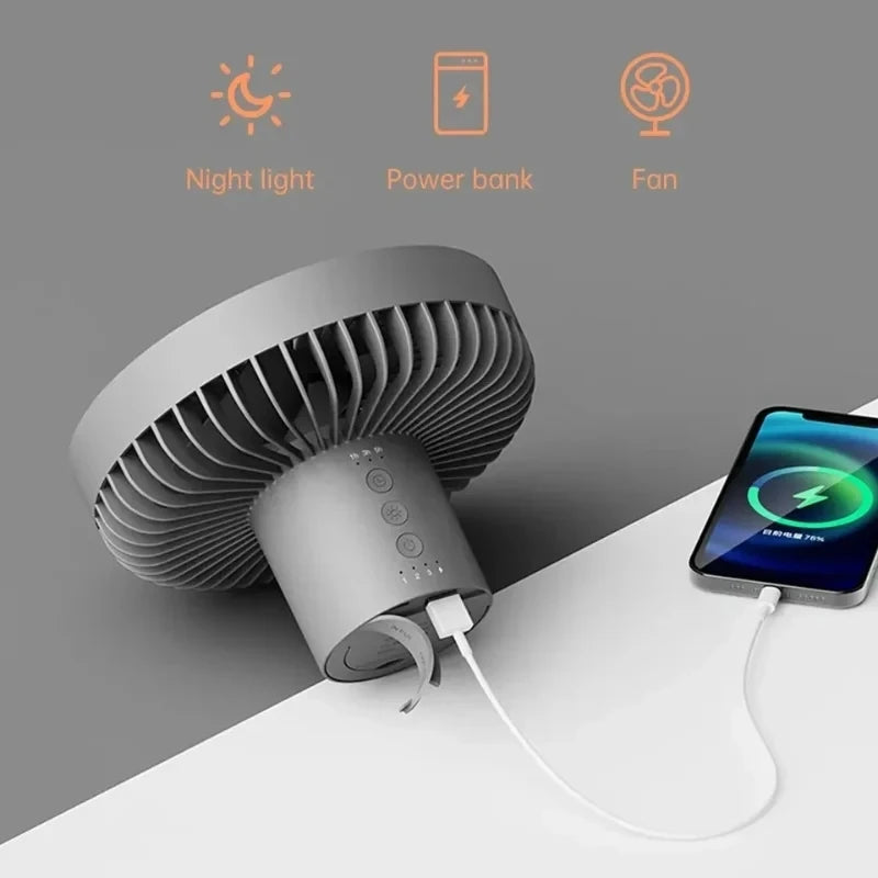 Camping Fan 10000mAh Rechargeable Desktop Portable Air Circulator - Wireless Ceiling Electric Fan with Power Bank LED Light Tripod