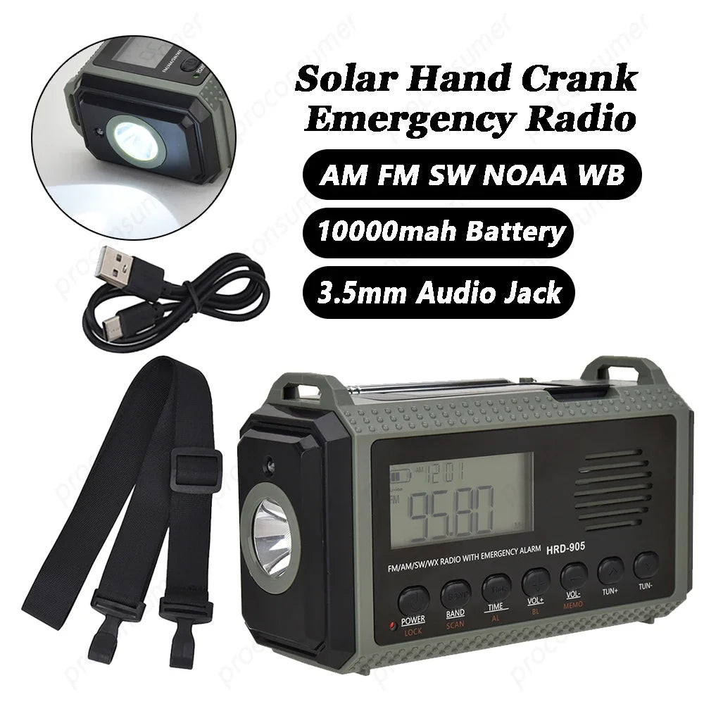 10000mAh Multifunction Solar Hand Crank Radio - USB Charging FM/AM/NOAA WB Weather Radio with Emergency Flashlight, SOS Alarm, and Power Bank