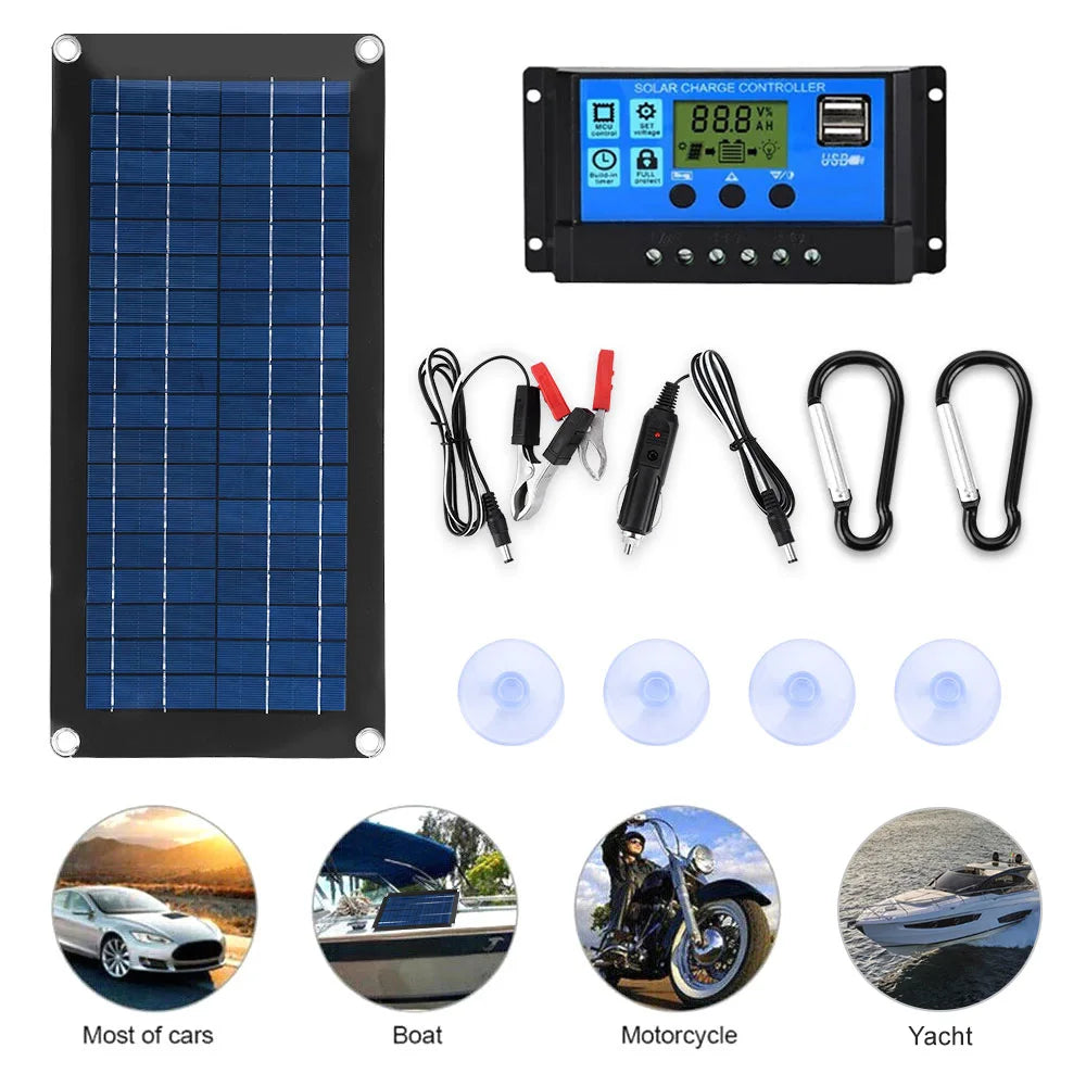 30W Flexible Solar Panel with Controller - Dual USB Port Solar Power System for Home Camping Outdoor