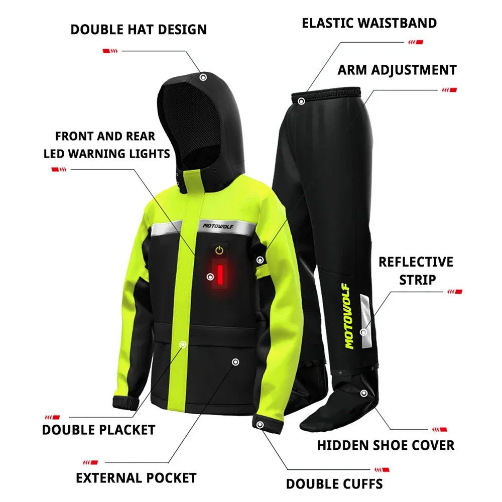 Waterproof Motorcycle Rain Jacket and Pants with LED Alert - Reflective Impermeable Suit for Outdoor Riding