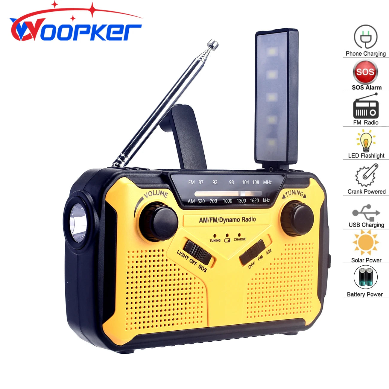 Emergency Radio: Solar Hand Crank, USB Rechargeable Torch, AM/FM, SOS Alarm and Power Bank