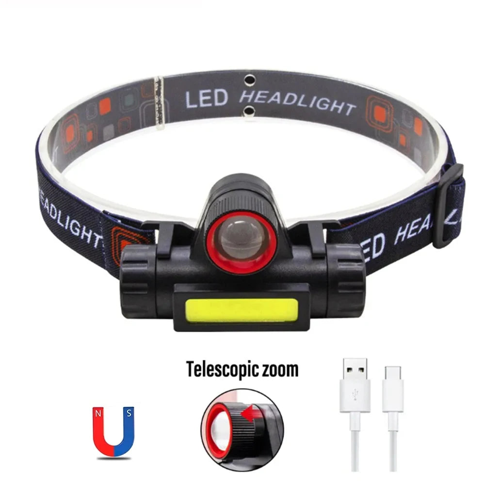 Rechargeable Waterproof LED Headlamp - Super Bright Flashlight with XPE COB Beads, Dual Light Sources, and Magnet