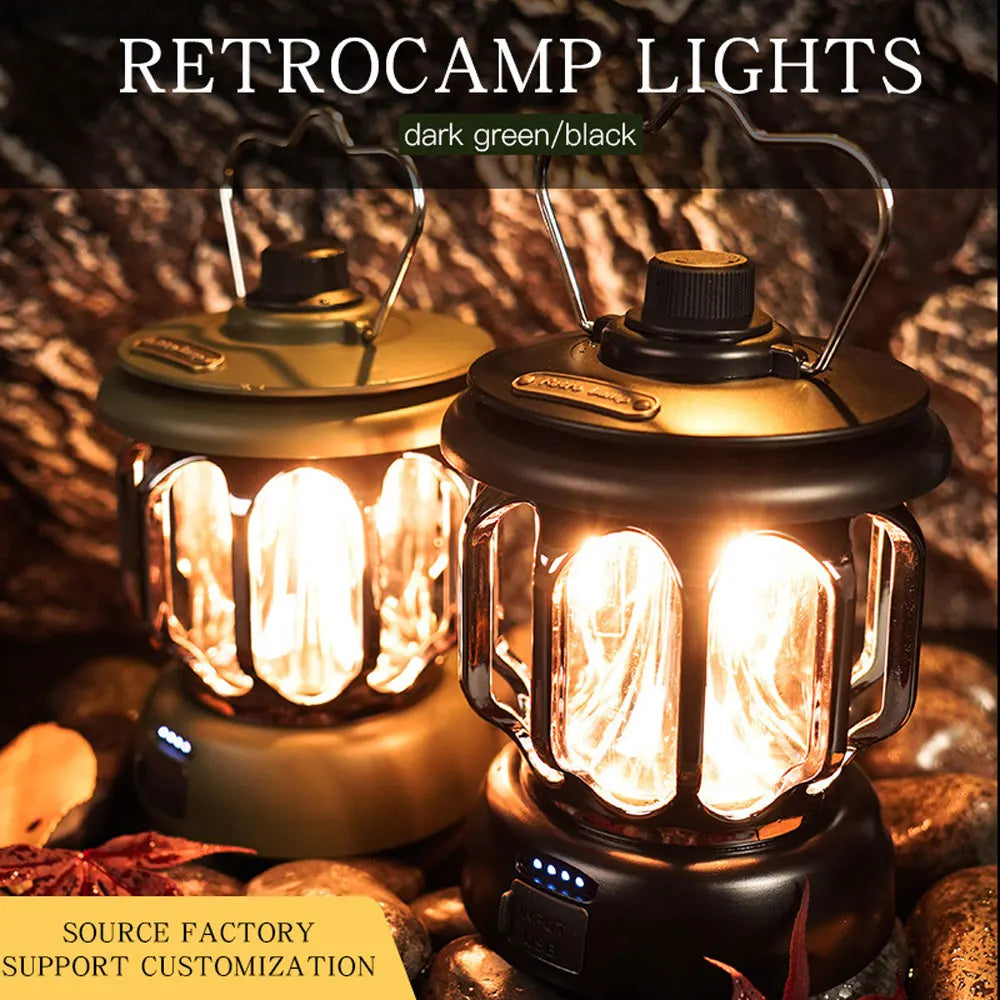 Retro Portable Camping Lantern - Rechargeable Dimmable LED Hanging Lamp