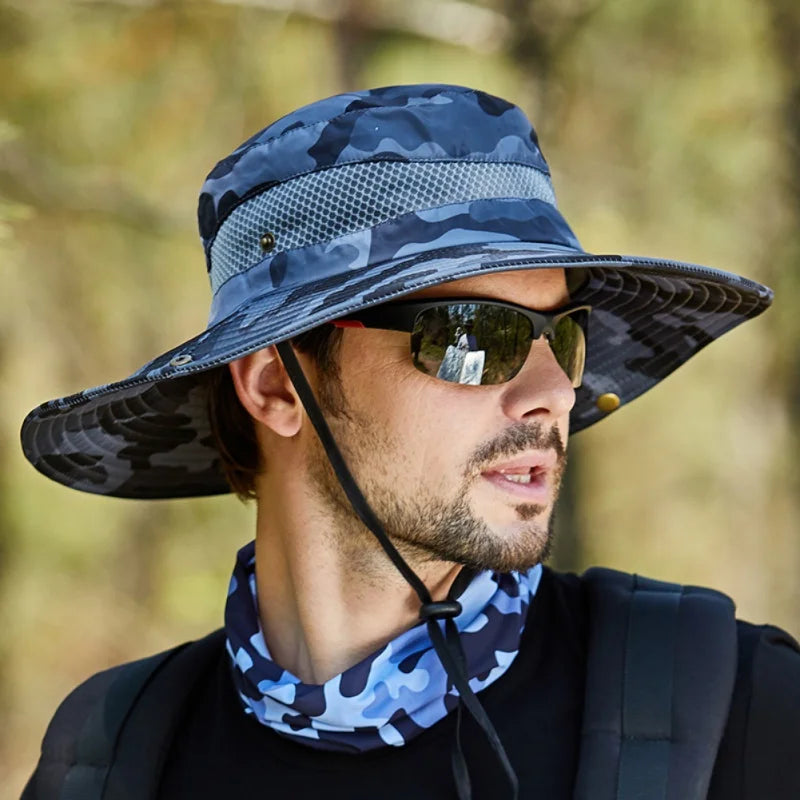 Summer Men's Breathable Sun Hat - Wide Brim UV Protect Fisherman Bucket Hat for Outdoor Activities