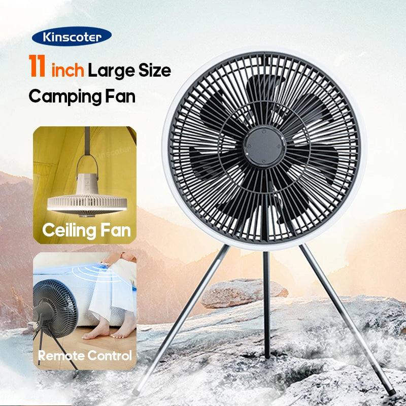 10000mAh Outdoor Camping Fan with LED Lighting, 11-inch Large Ceiling Fan and Air Circulator