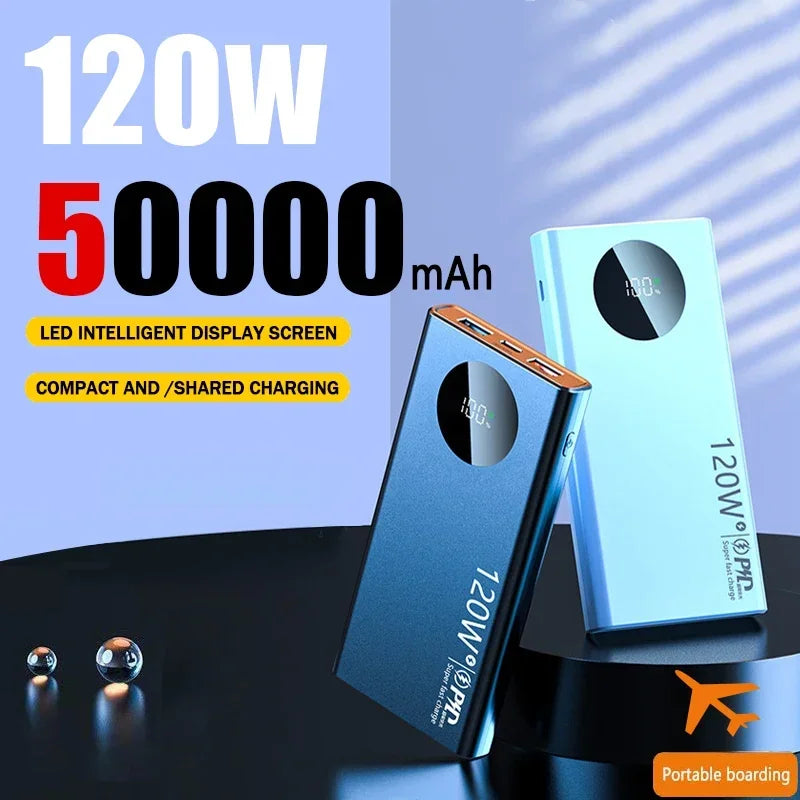 120W Super Fast Charging 50000mAh Power Bank - High-Capacity Mobile Power External Battery for iPhone, Xiaomi, Samsung