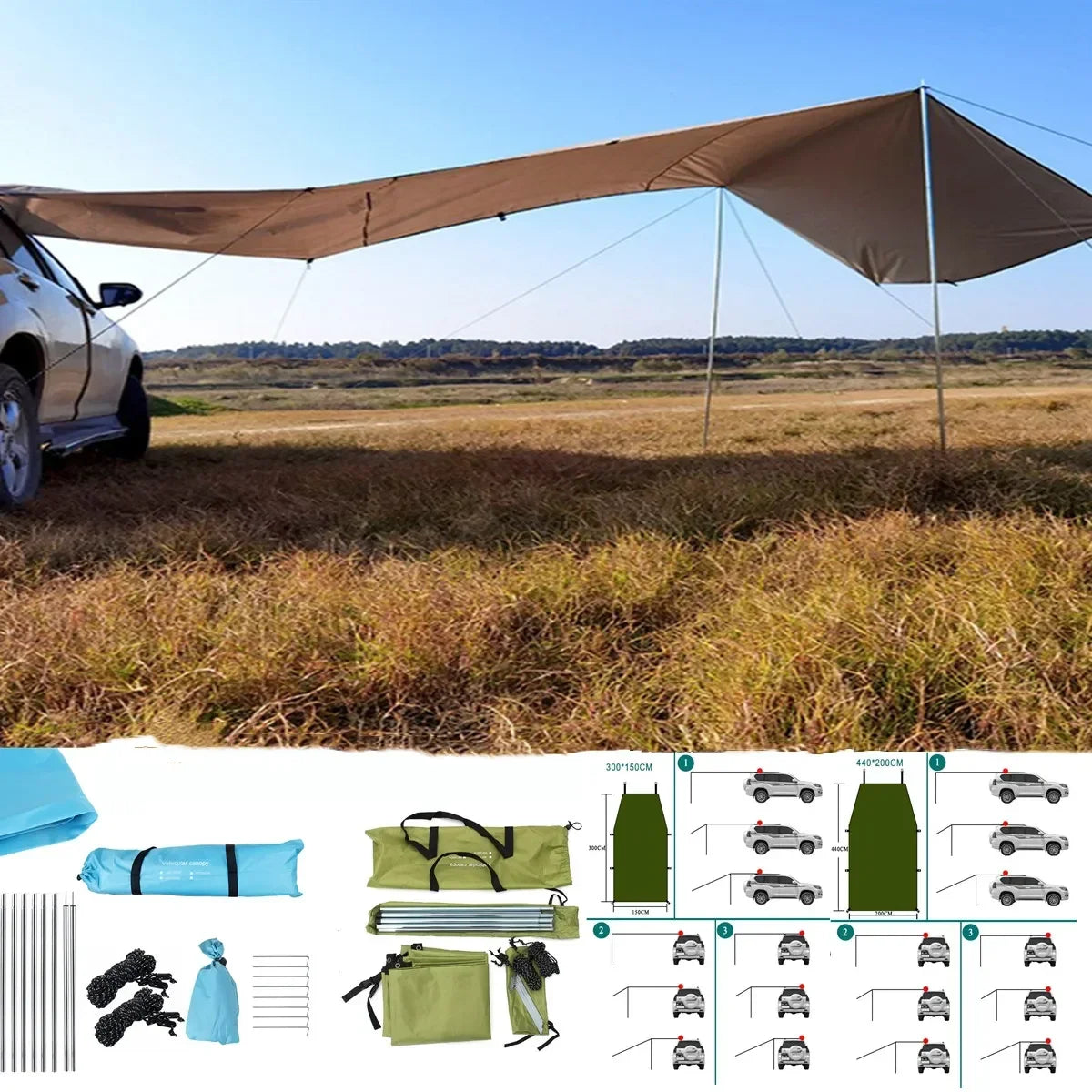 Portable Car Shelter Shade - Camping Side Car Roof Top Tent Anti-UV Sunshade Waterproof Awning Parasol Rain Canopy for SUV Jeep