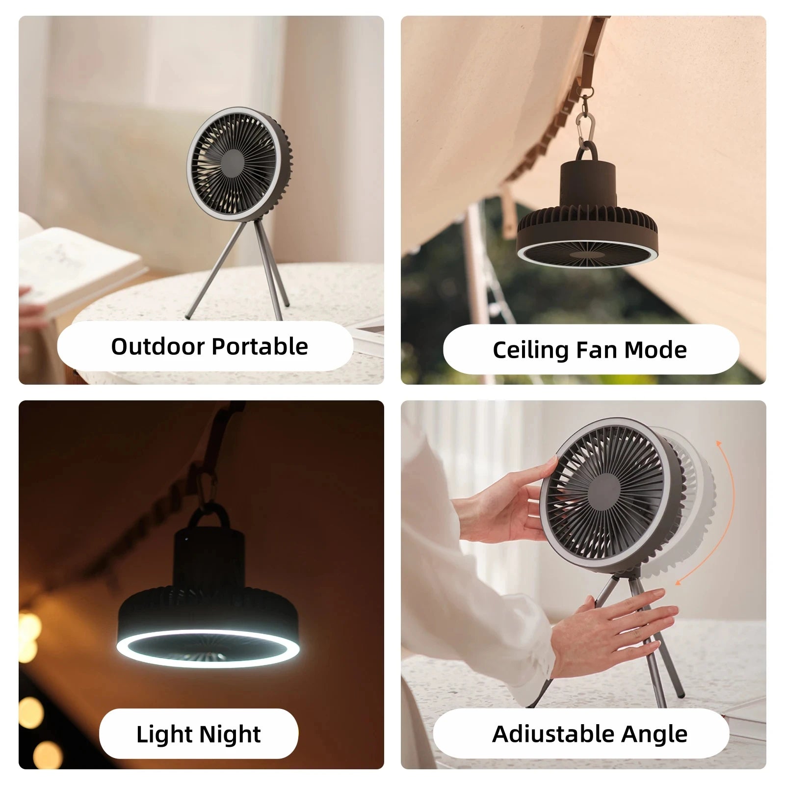 Camping Fan 10000mAh Rechargeable Desktop Portable Air Circulator - Wireless Ceiling Electric Fan with Power Bank LED Light Tripod