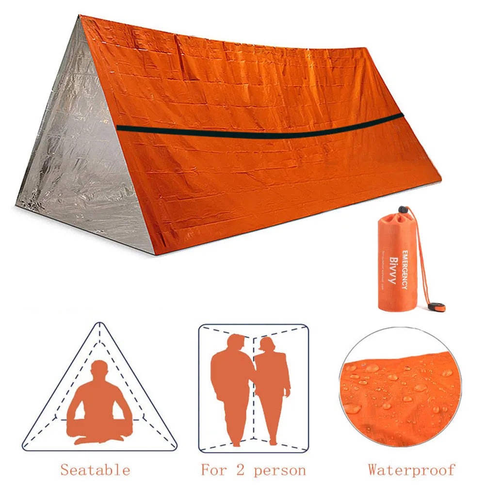 2 Person Emergency Shelter Bivy Survival Tent Kit - Mylar Tube Tent Sleeping Bag Waterproof Outdoor SOS Thermal Blanket Reusable