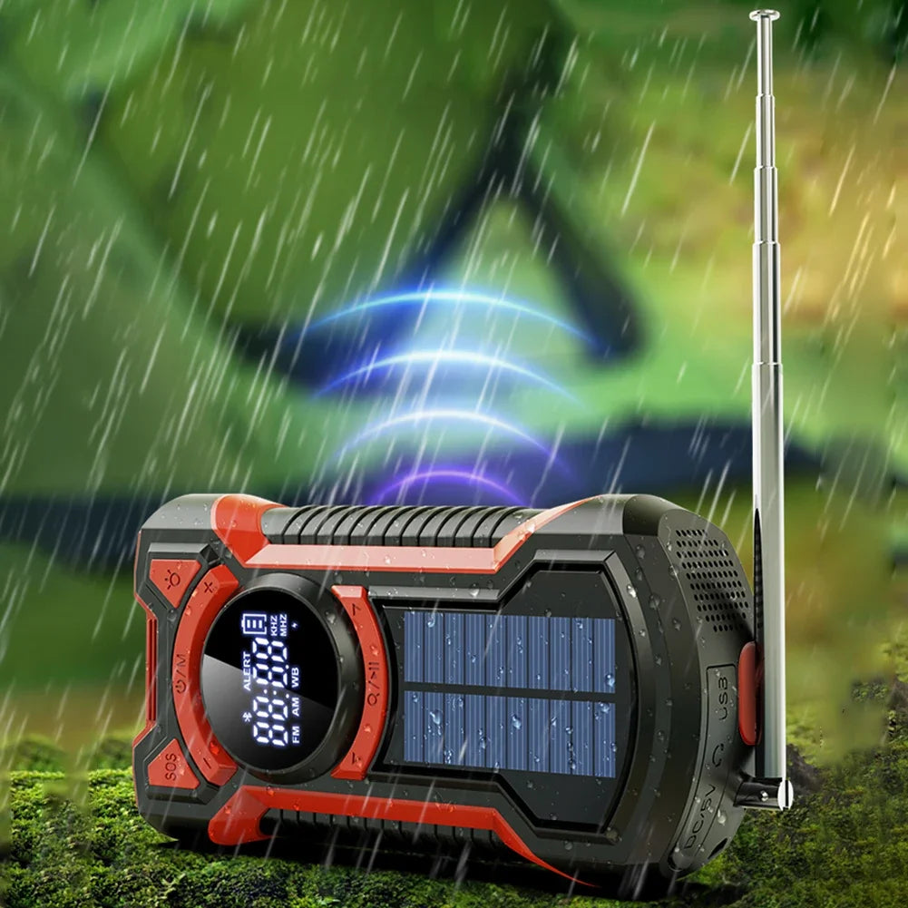 Solar Emergency Weather Radio Bluetooth-Compatible Hand Crank Phone Charger LED Flashlight SOS Alarm