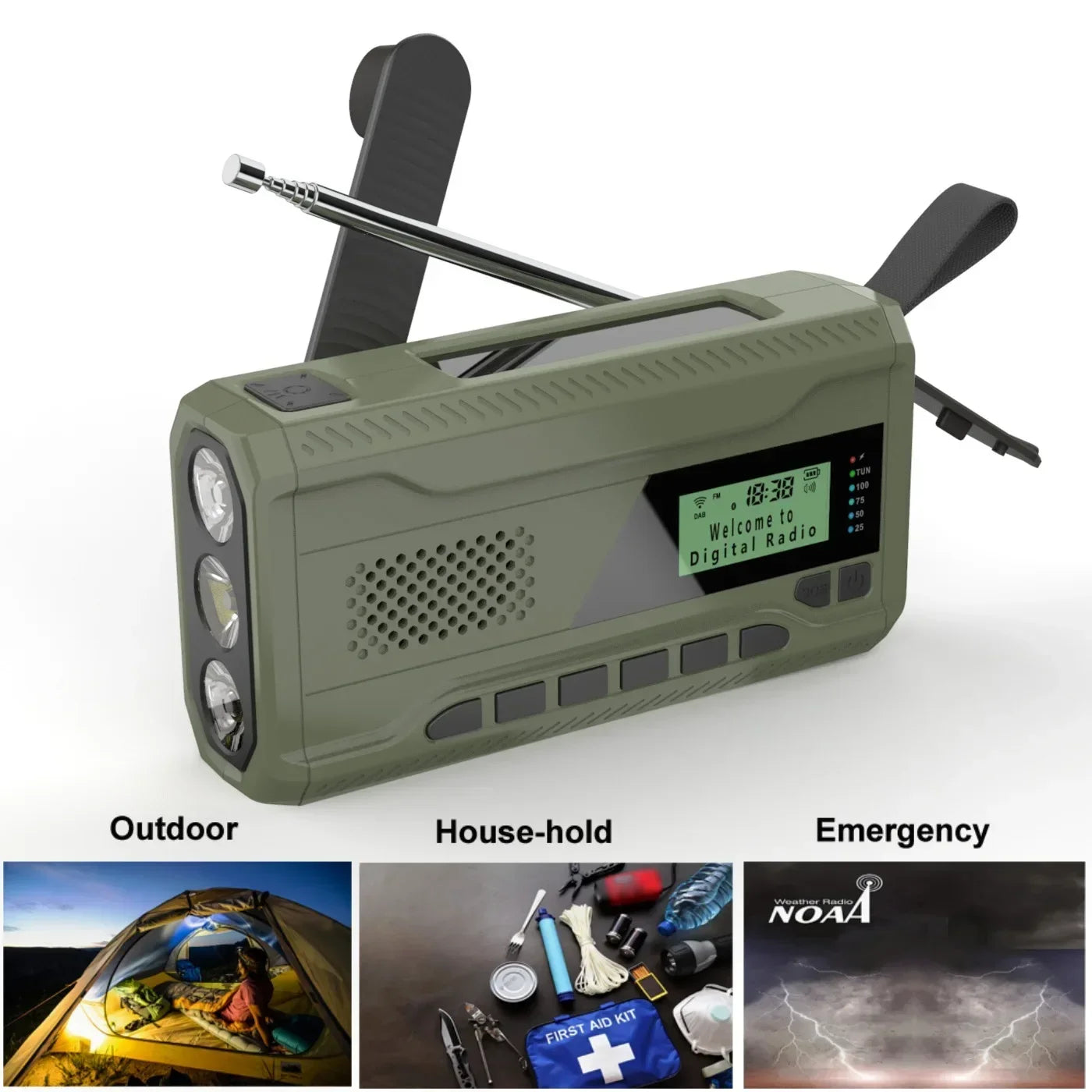 NOAA/DAB/FM Radio Emergency Radio Portable Solar Radio Receiver Hand Crank Dynamo Outdoor Bluetooth Speaker with LED Flashlight