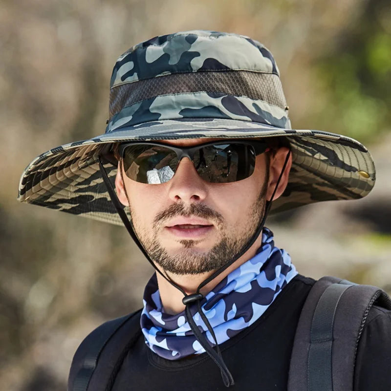 Summer Men's Breathable Sun Hat - Wide Brim UV Protect Fisherman Bucket Hat for Outdoor Activities