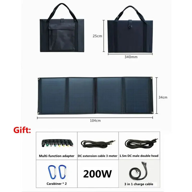 200W Foldable Solar Panel with Dual USB and DC Output - Portable Waterproof Solar Charger for Outdoor Activities